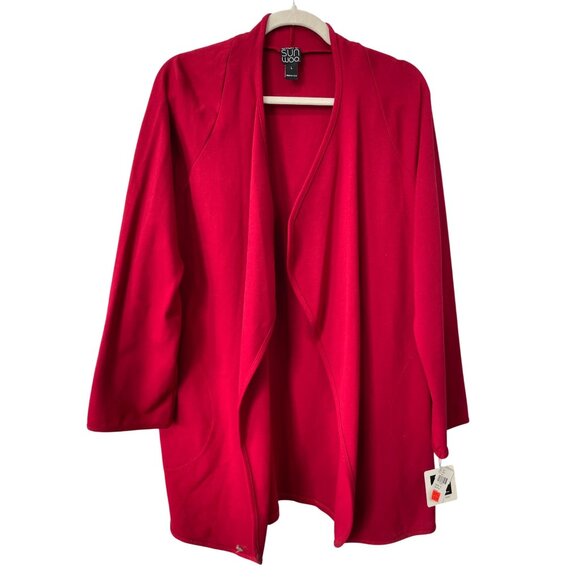 Clara Sunwoo Open Front Cardigan Size Large Long Sleeve Cozy Red Polyester NEW - Picture 1 of 8